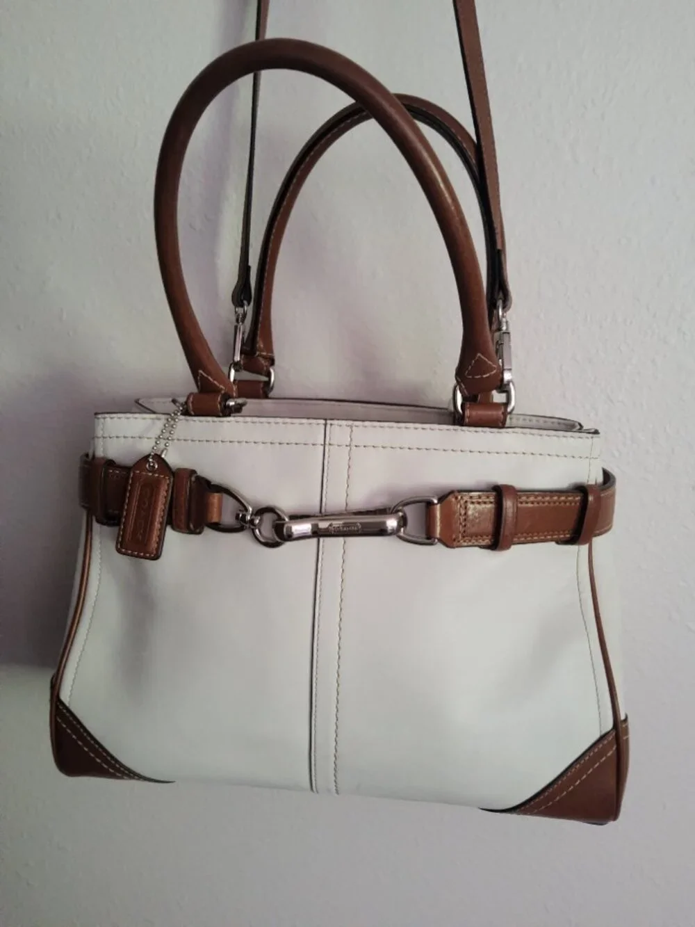 Coach Hampton Y2k Off White Leather Satchel Tote Bag with extra strap